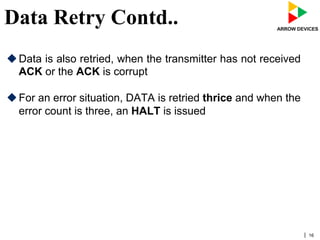 | 16
Data Retry Contd..
u Data is also retried, when the transmitter has not received
ACK or the ACK is corrupt
u For an error situation, DATA is retried thrice and when the
error count is three, an HALT is issued
 