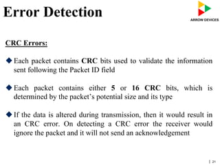 | 21
Error Detection
CRC Errors:
u Each packet contains CRC bits used to validate the information
sent following the Packet ID field
u Each packet contains either 5 or 16 CRC bits, which is
determined by the packet’s potential size and its type
u If the data is altered during transmission, then it would result in
an CRC error. On detecting a CRC error the receiver would
ignore the packet and it will not send an acknowledgement
 