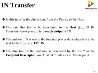 | 31
IN Transfer
u In this transfer the data is sent from the Device to the Host
u The data that has to be transferred to the Host (i.e., all IN
Transfers) takes place only through endpoint IN
u The endpoint IN is where the function places data when it is to be
sent to the Host, e.g. EP1 IN
u The direction of the endpoint is described by the bit 7 in the
Endpoint Descriptor. An ‘1’ at bit 7 indicates an IN endpoint
 