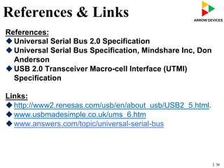| 34
References & Links
References:
u Universal Serial Bus 2.0 Specification
u Universal Serial Bus Specification, Mindshare Inc, Don
Anderson
u USB 2.0 Transceiver Macro-cell Interface (UTMI)
Specification
Links:
u http://www2.renesas.com/usb/en/about_usb/USB2_5.html.
u www.usbmadesimple.co.uk/ums_6.htm
u www.answers.com/topic/universal-serial-bus
 