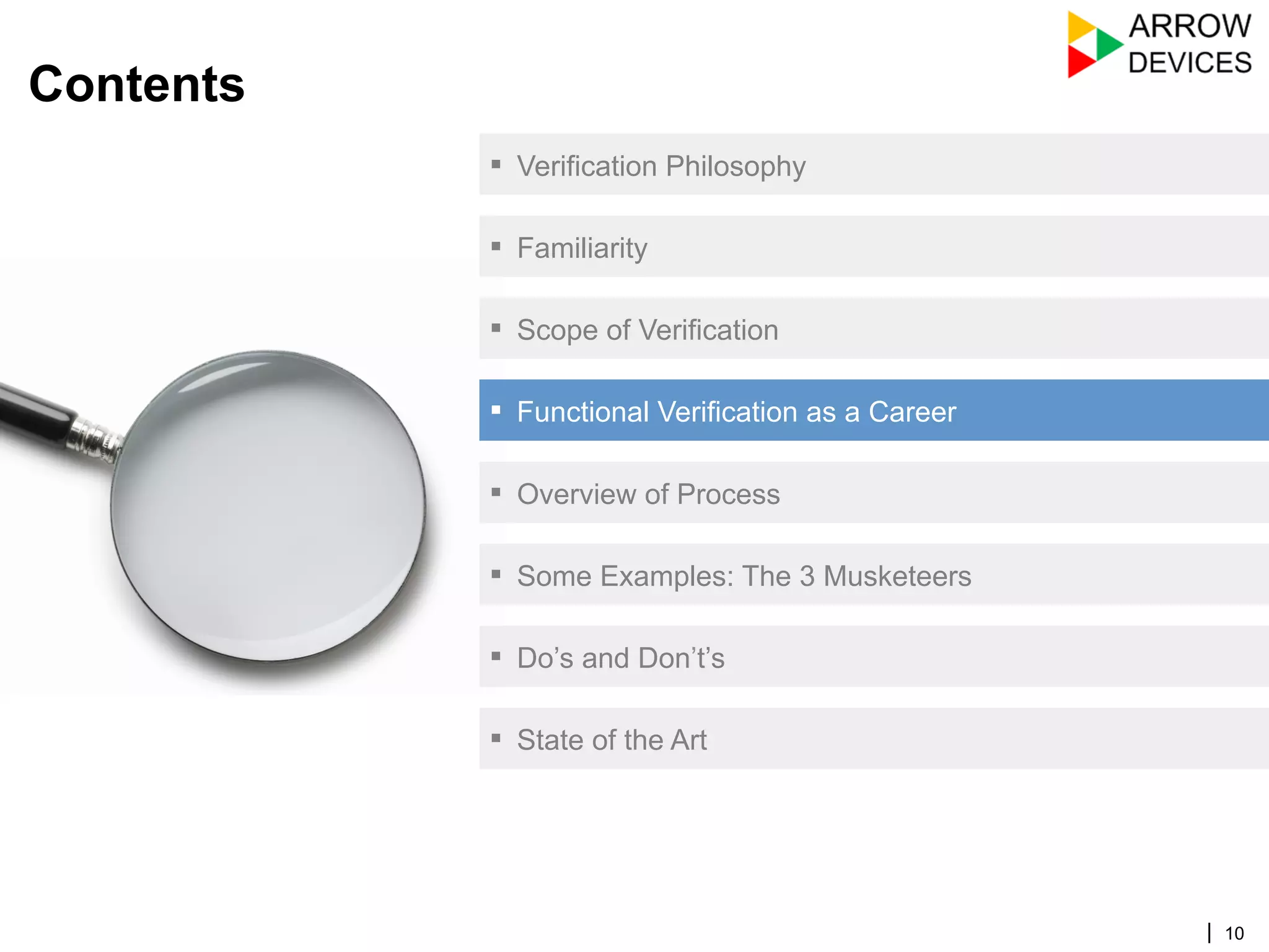 | 10
Contents
▪  Verification Philosophy
▪  Familiarity
▪  Scope of Verification
▪  Functional Verification as a Career
▪  Overview of Process
▪  Some Examples: The 3 Musketeers
▪  Do’s and Don’t’s
▪  State of the Art
 