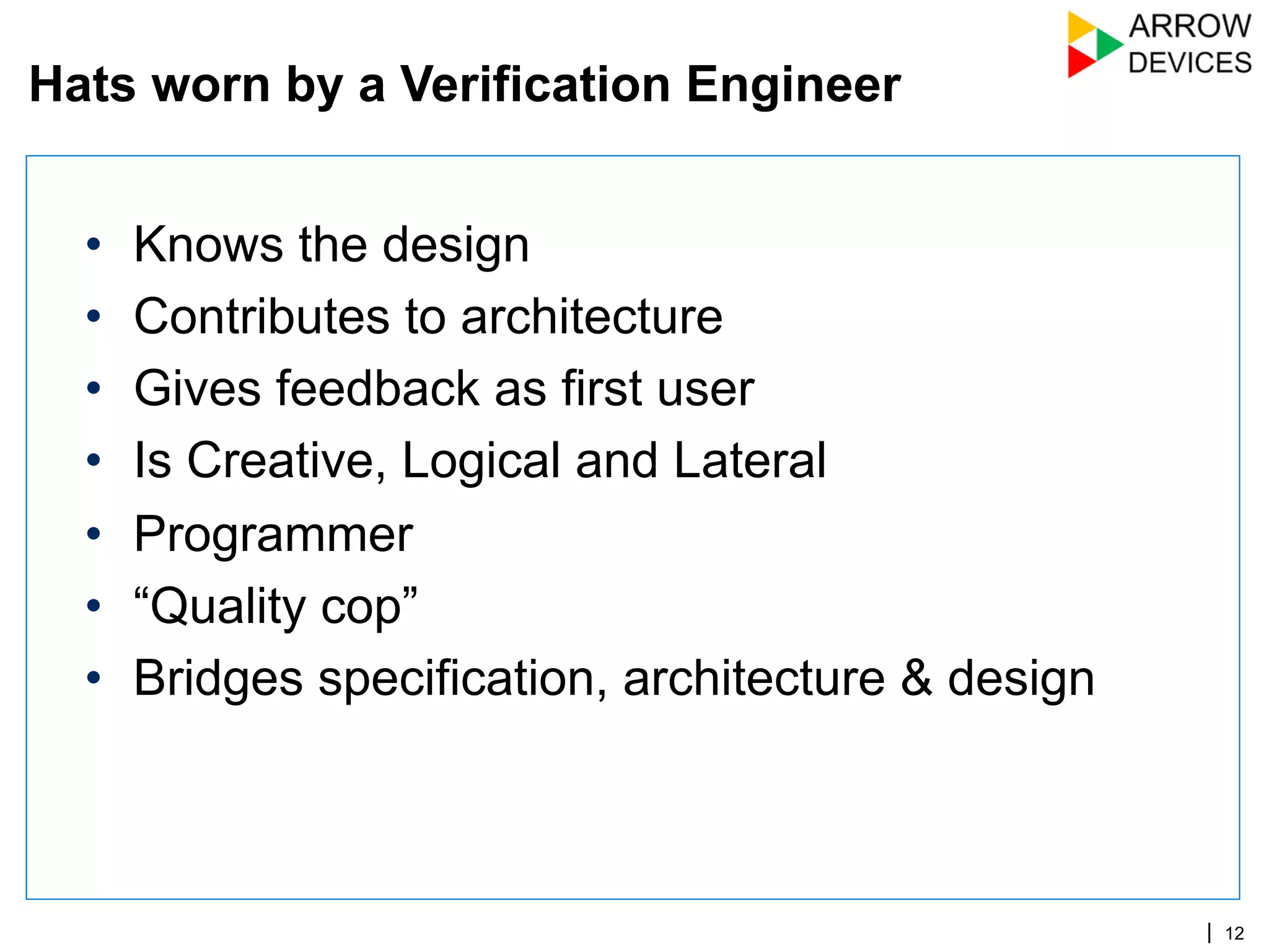 | 12
•  Knows the design
•  Contributes to architecture
•  Gives feedback as first user
•  Is Creative, Logical and Lateral
•  Programmer
•  “Quality cop”
•  Bridges specification, architecture & design
Hats worn by a Verification Engineer
 