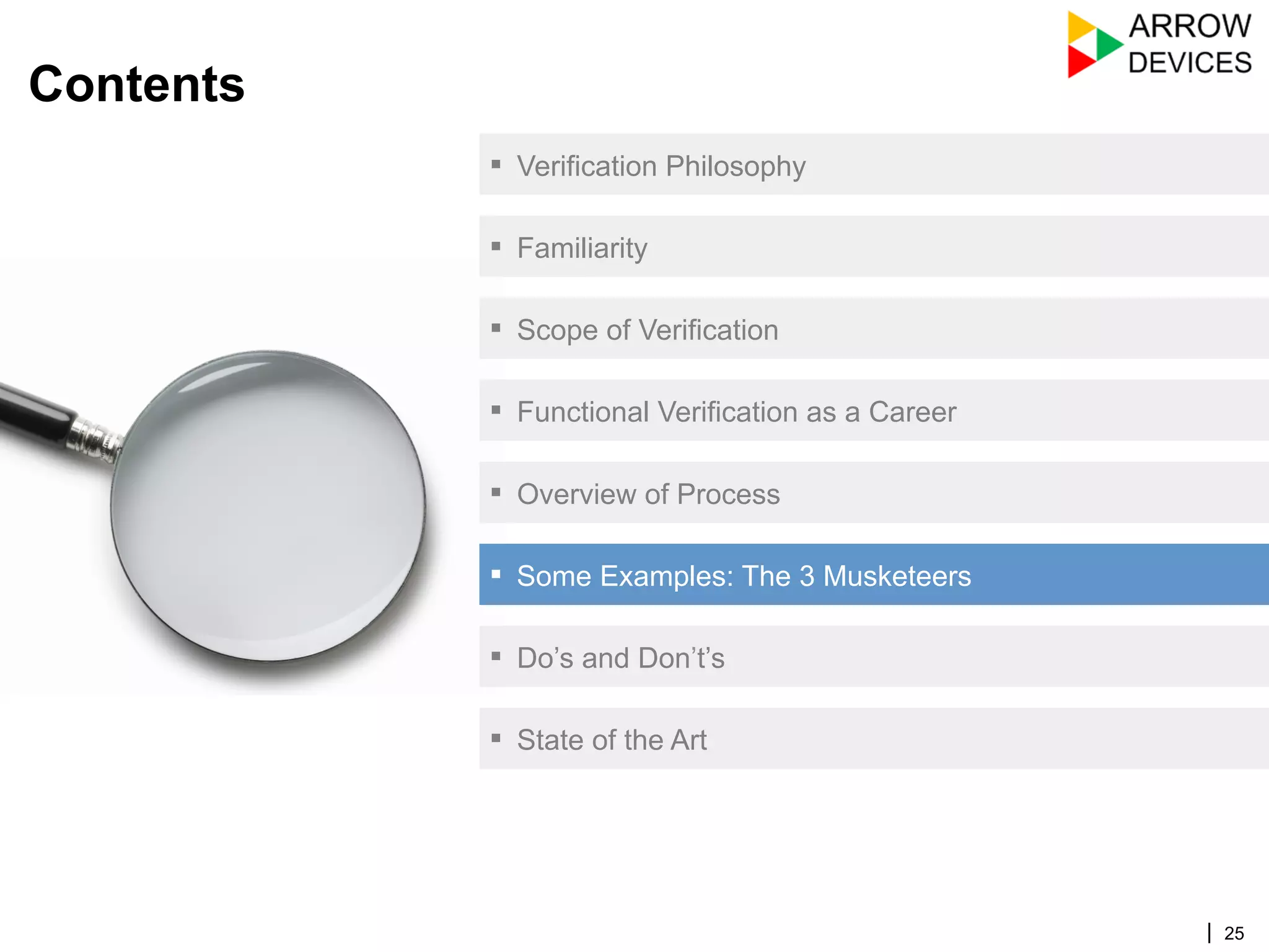 | 25
Contents
▪  Verification Philosophy
▪  Familiarity
▪  Scope of Verification
▪  Functional Verification as a Career
▪  Overview of Process
▪  Some Examples: The 3 Musketeers
▪  Do’s and Don’t’s
▪  State of the Art
 