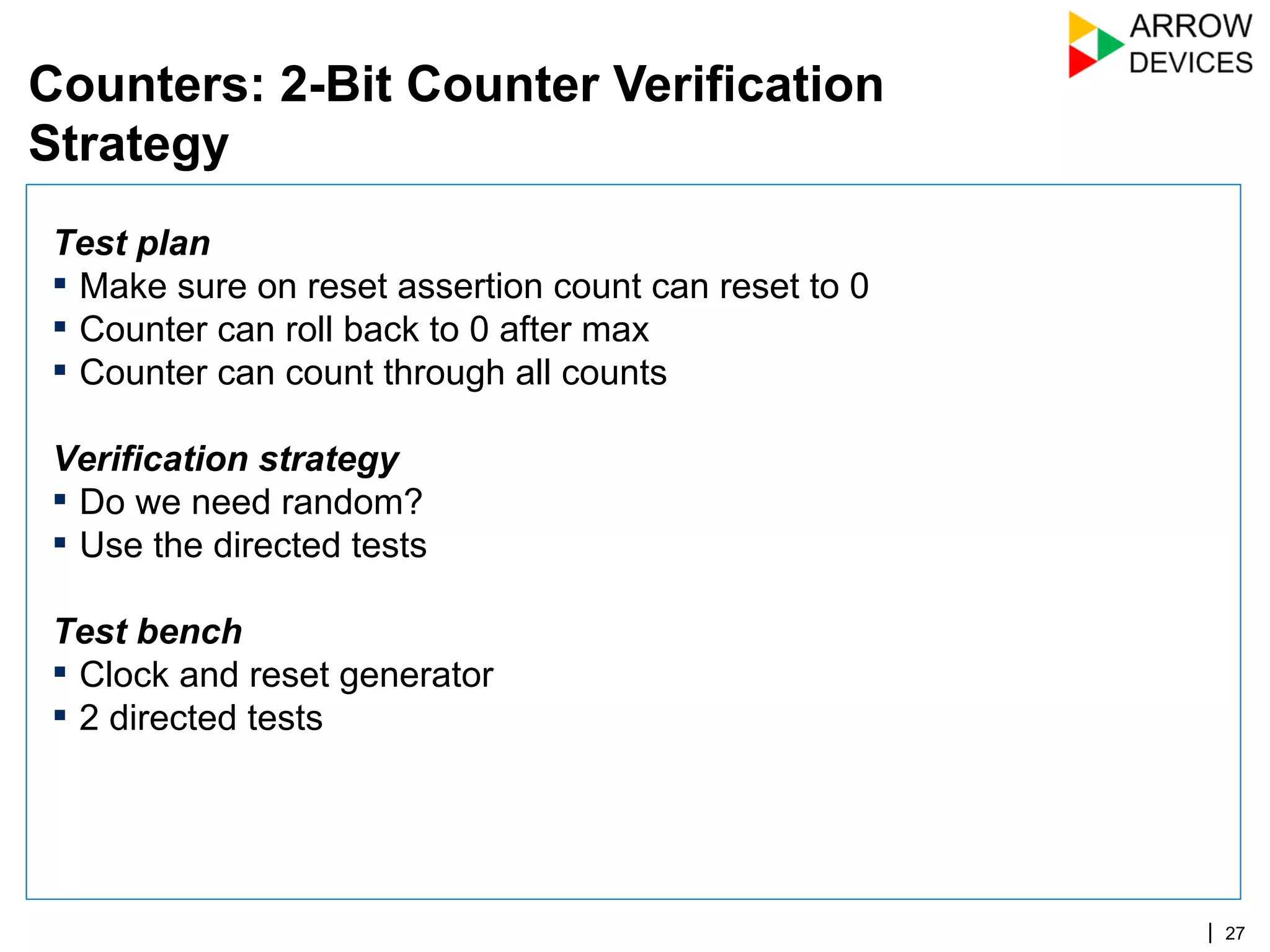 | 27
Test plan
▪ Make sure on reset assertion count can reset to 0
▪ Counter can roll back to 0 after max
▪ Counter can count through all counts
Verification strategy
▪ Do we need random?
▪ Use the directed tests
Test bench
▪ Clock and reset generator
▪ 2 directed tests
Counters: 2-Bit Counter Verification
Strategy
 