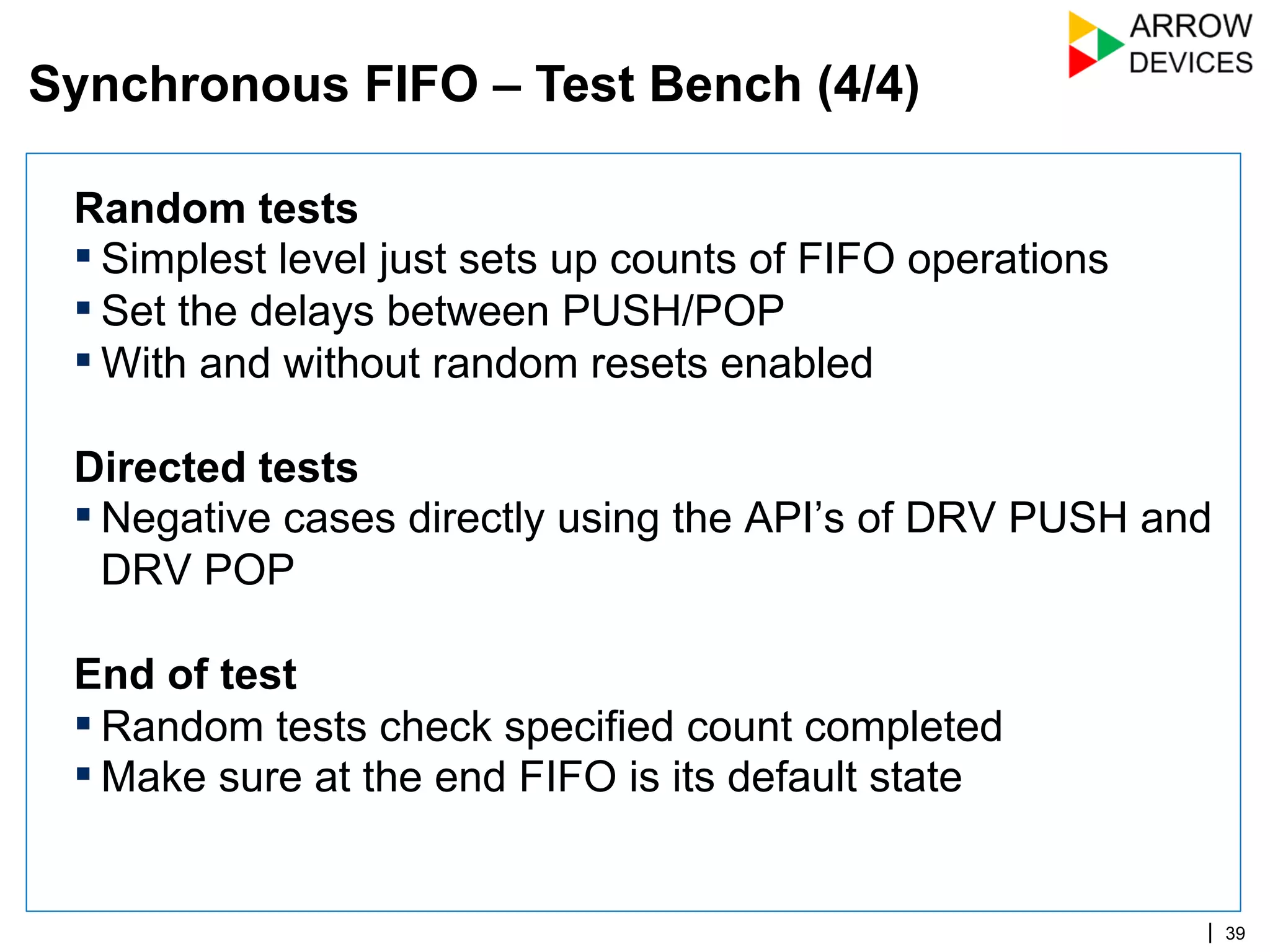 | 39
Random tests
▪ Simplest level just sets up counts of FIFO operations
▪ Set the delays between PUSH/POP
▪ With and without random resets enabled
Directed tests
▪ Negative cases directly using the API’s of DRV PUSH and
DRV POP
End of test
▪ Random tests check specified count completed
▪ Make sure at the end FIFO is its default state
Synchronous FIFO – Test Bench (4/4)
 