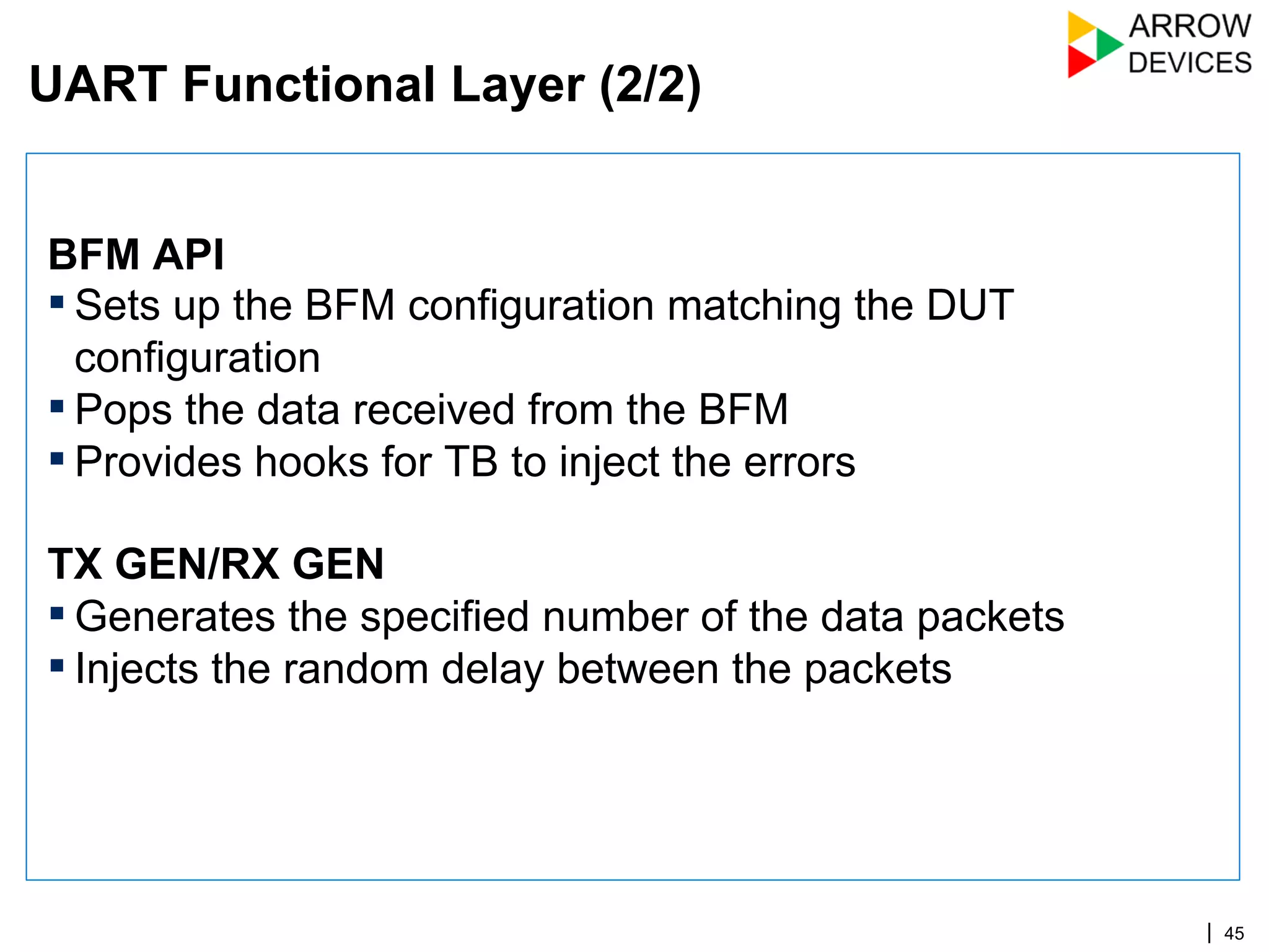 | 45
BFM API
▪ Sets up the BFM configuration matching the DUT
configuration
▪ Pops the data received from the BFM
▪ Provides hooks for TB to inject the errors
TX GEN/RX GEN
▪ Generates the specified number of the data packets
▪ Injects the random delay between the packets
UART Functional Layer (2/2)
 