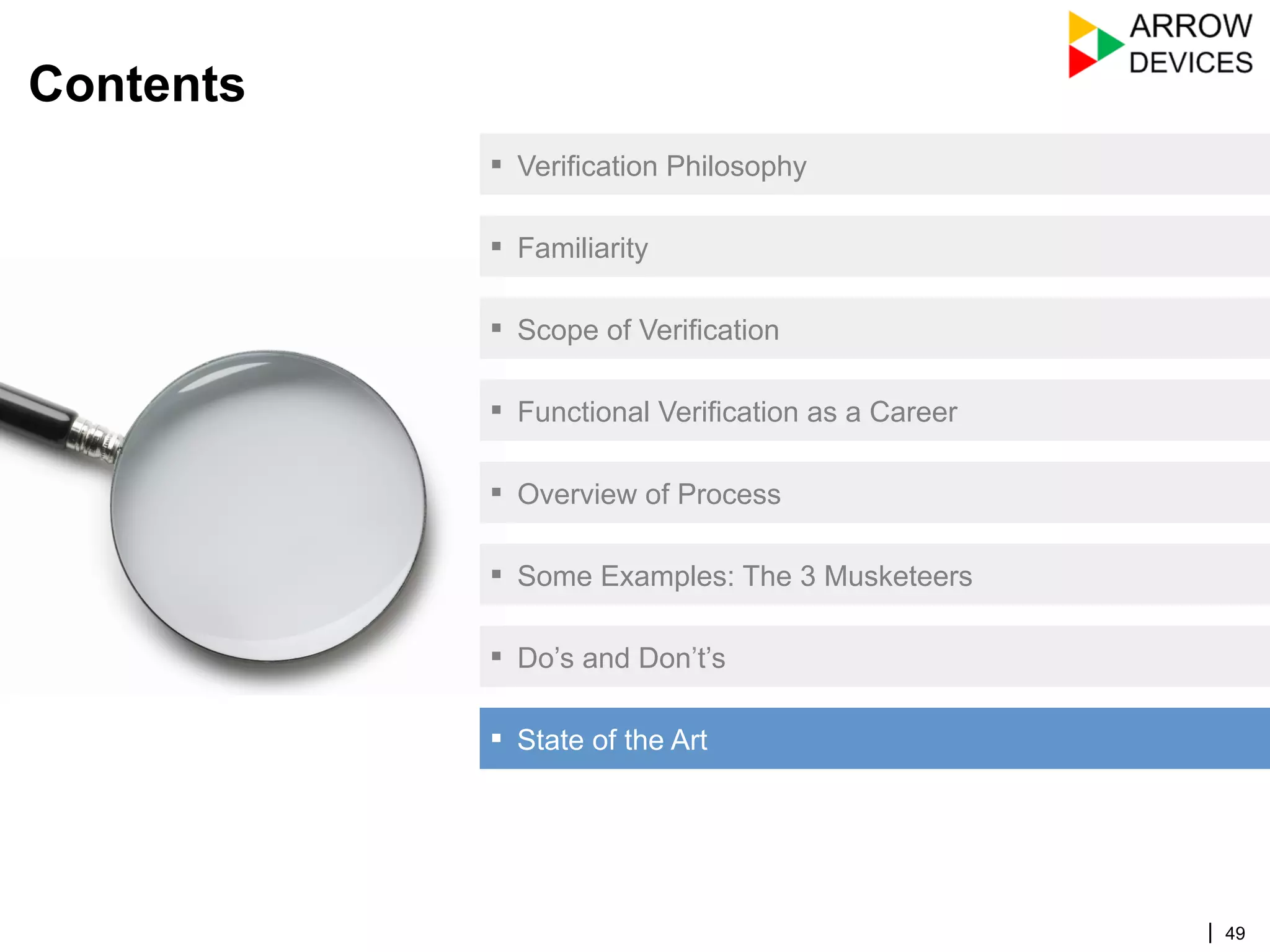 | 49
Contents
▪  Verification Philosophy
▪  Familiarity
▪  Scope of Verification
▪  Functional Verification as a Career
▪  Overview of Process
▪  Some Examples: The 3 Musketeers
▪  Do’s and Don’t’s
▪  State of the Art
 