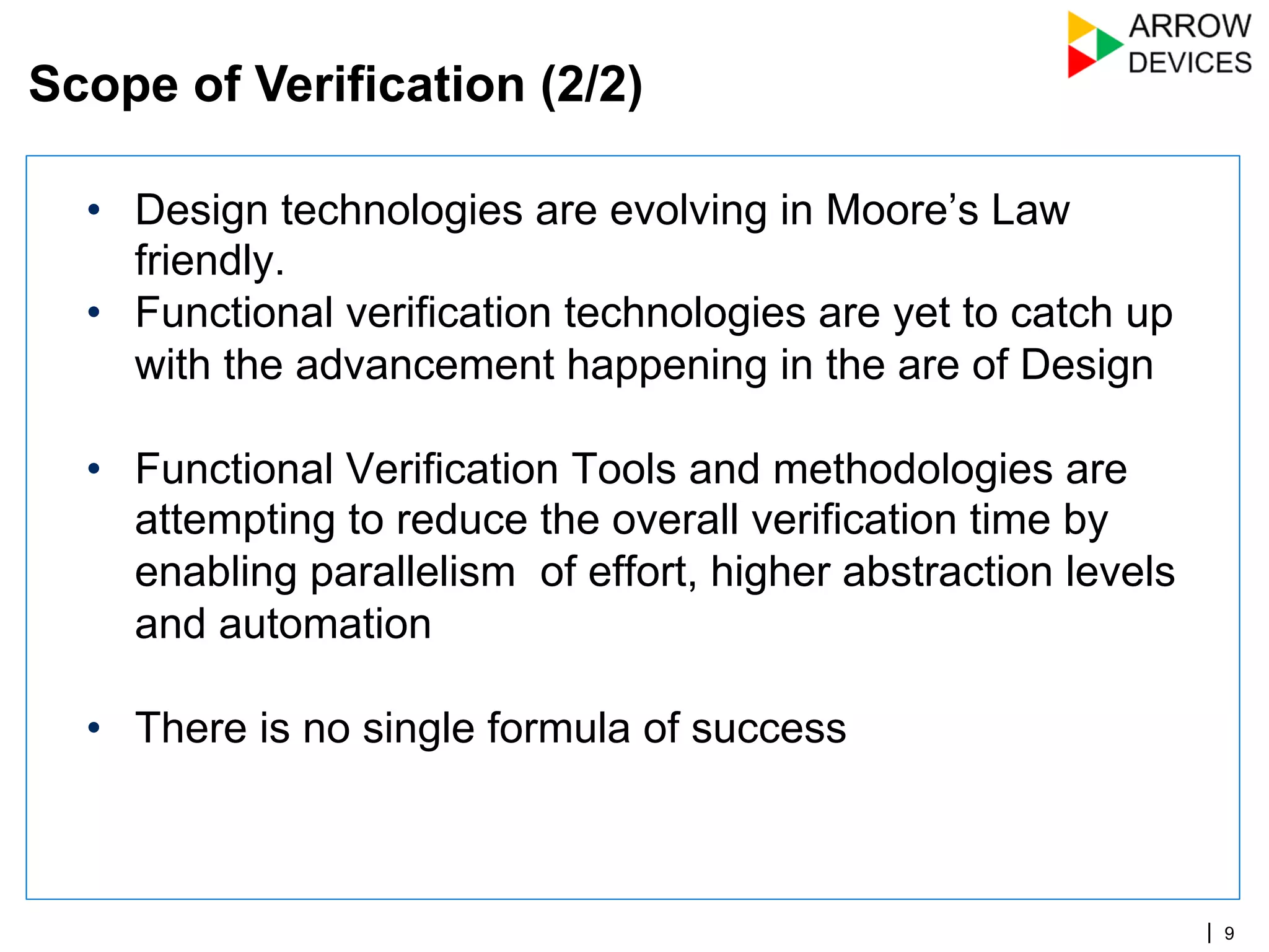 | 9
•  Design technologies are evolving in Moore’s Law
friendly.
•  Functional verification technologies are yet to catch up
with the advancement happening in the are of Design
•  Functional Verification Tools and methodologies are
attempting to reduce the overall verification time by
enabling parallelism of effort, higher abstraction levels
and automation
•  There is no single formula of success
Scope of Verification (2/2)
 