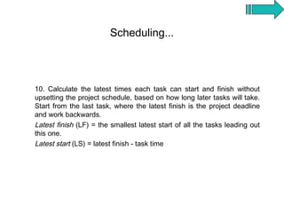 Scheduling...



10. Calculate the latest times each task can start and finish without
upsetting the project schedule, based on how long later tasks will take.
Start from the last task, where the latest finish is the project deadline
and work backwards.
Latest finish (LF) = the smallest latest start of all the tasks leading out
this one.
Latest start (LS) = latest finish - task time
 