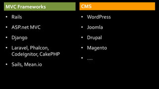 MVC Frameworks
• Rails
• ASP.net MVC
• Django
• Laravel, Phalcon,
CodeIgnitor, CakePHP
• Sails, Mean.io
CMS
• WordPress
• Joomla
• Drupal
• Magento
• ….
 