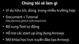 • Ví dụ hữu ích, dùng trong nhiều trường hợp
• Document +Tutorial
http://arrowjs.github.io/ArrowjsCore/
• Bổ xungTest tự động
• Hỗ trợ các start up ứng dụng Arrowjs
• Mở khóa học trực tuyến đào tạo Arrowjs
Chúng tôi sẽ làm gì
 