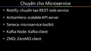Chuyên cho Microservice
• Restify: chuyên tạo REST web service
• ActionHero: scalableAPI server
• Seneca: microservice toolkit
• Kafka Node: Kafka client
• ZMQ: ZeroMQ client
 
