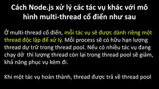 Cách Node.js xử lý các tác vụ khác với mô
hình multi-thread cổ điển như sau
Ở multi-thread cổ điển, mỗi tác vụ sẽ được dành riêng một
thread độc lập để xử lý. Mỗi process sẽ có hữu hạn lượng
thread dự trữ trong thread pool. Nếu có nhiều tác vụ đang
chạy dở thì lượng thread còn lại trong thread pool sẽ giảm,
khả năng phục vụ kém đi.
Khi một tác vụ hoàn thành, thread được trả về thread pool
 