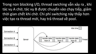 Trong non blocking I/O, thread swiching vẫn xảy ra , khi
tác vụ A chờ, tác vụ B được chuyển vào chạy tiếp, giảm
thời gian chết khi chờ. Chi phí switching này thấp hơn
việc tạo ra thread mới, hay trả thread về pool.
 