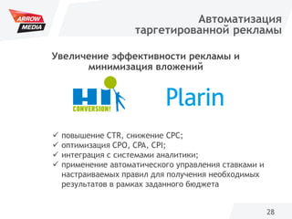 28
Автоматизация
таргетированной рекламы
 повышение CTR, снижение СPC;
 оптимизация CPO, CPA, CPI;
 интеграция с системами аналитики;
 применение автоматического управления ставками и
настраиваемых правил для получения необходимых
результатов в рамках заданного бюджета
Увеличение эффективности рекламы и
минимизация вложений
 