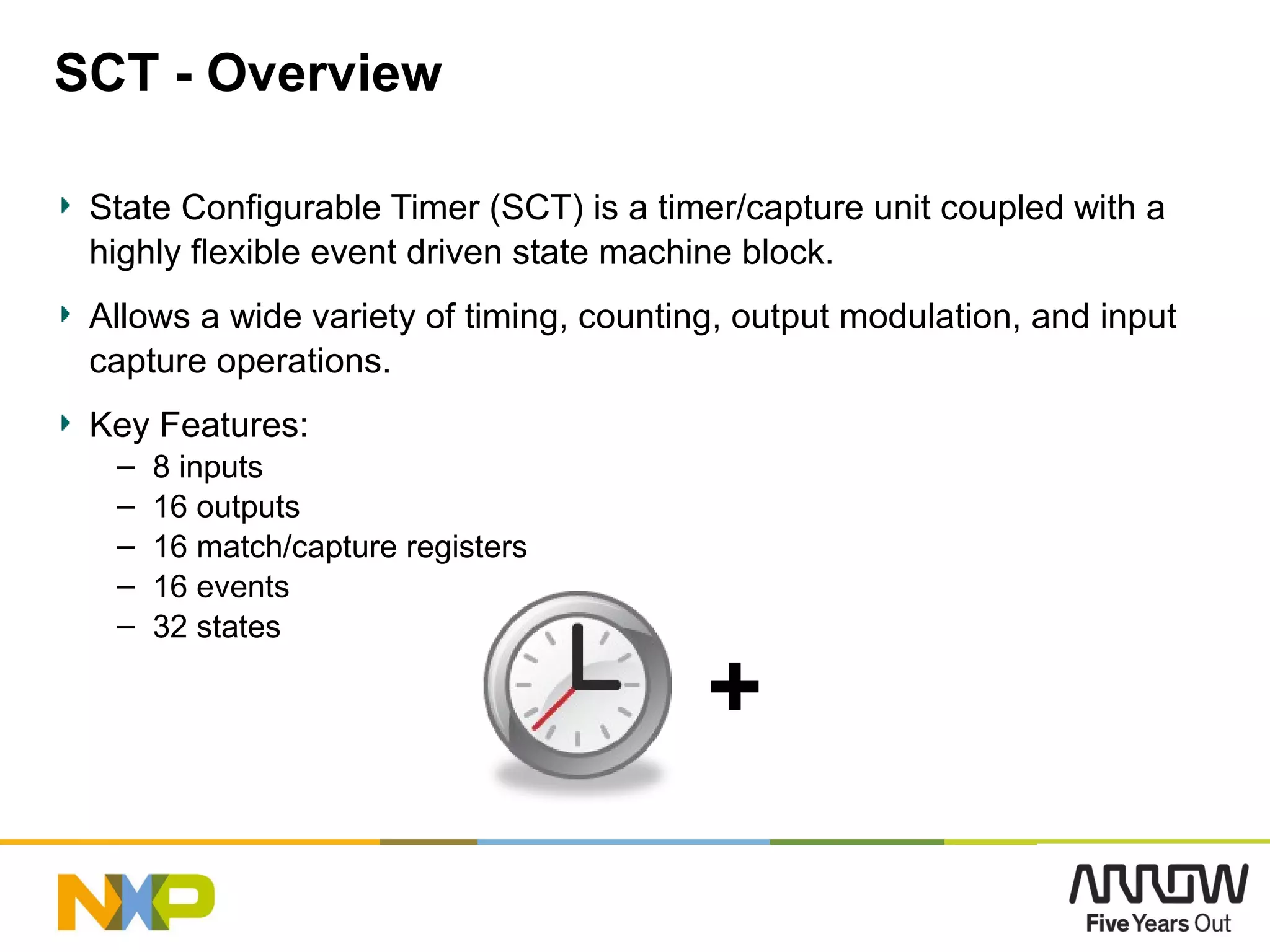 SCT - Overview
State Configurable Timer (SCT) is a timer/capture unit coupled with a
highly flexible event driven state machine block.
Allows a wide variety of timing, counting, output modulation, and input
capture operations.
Key Features:
– 8 inputs
– 16 outputs
– 16 match/capture registers
– 16 events
– 32 states
37
+
 