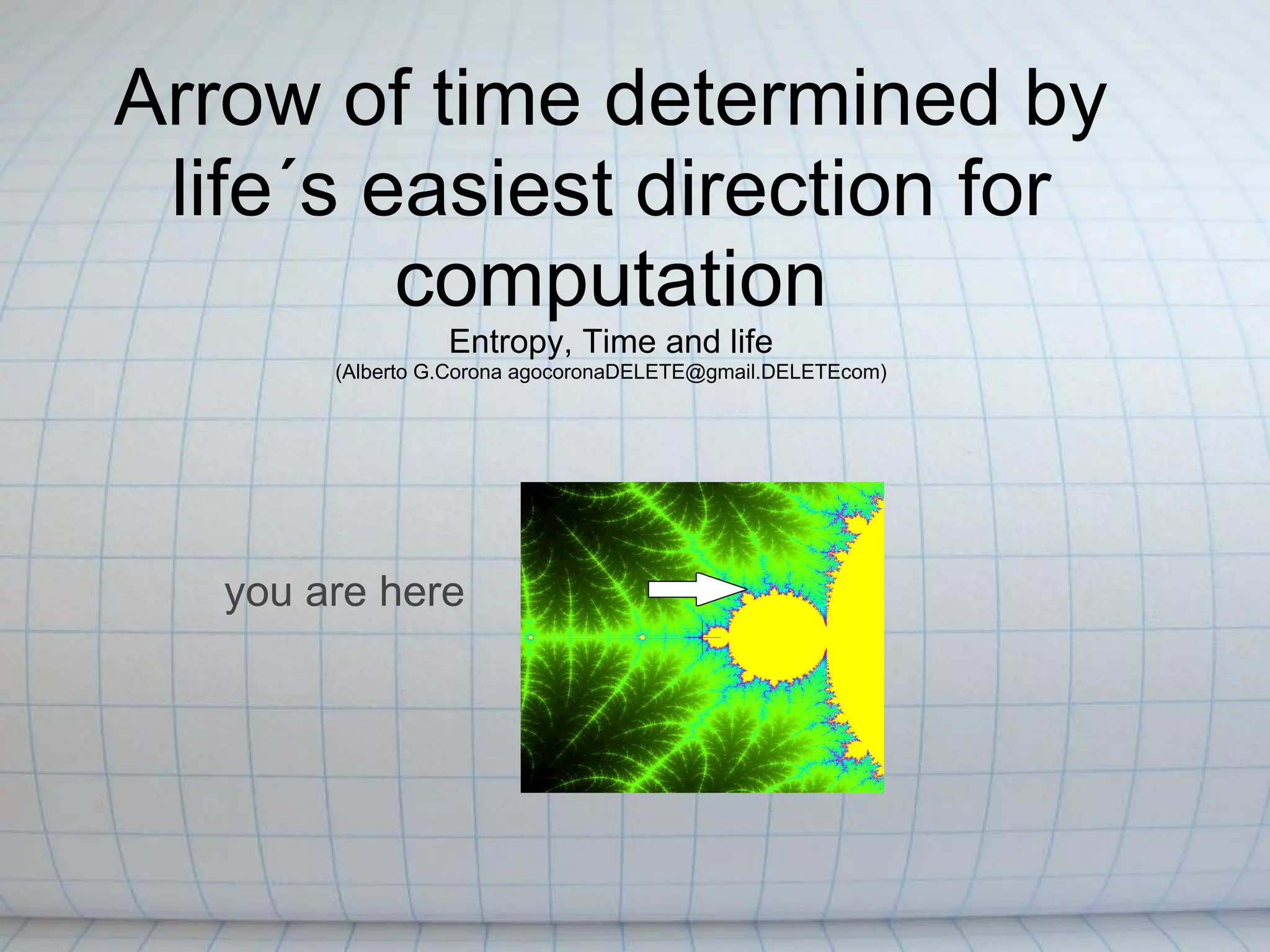 Arrow of time determined by
 life´s easiest direction for
         computation
                  Entropy, Time and life
        (Alberto G.Corona agocoronaDELETE@gmail.DELETEcom)




   you are here
 