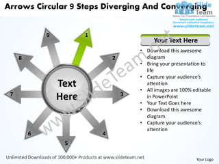 Arrows circular 9 steps diverging and converging processs power point ...
