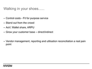 Walking in your shoes......

– Control costs - Fit for purpose service
– Stand out from the crowd
– AoV, Wallet share, ARPU
– Grow your customer base – direct/indirect


– Vendor management, reporting and utilisation reconciliation a real pain
  point
 