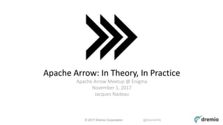 © 2017 Dremio Corporation @DremioHQ
Apache Arrow: In Theory, In Practice
Apache Arrow Meetup @ Enigma
November 1, 2017
Jacques Nadeau
 