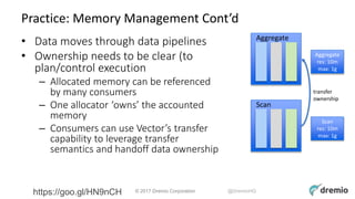 © 2017 Dremio Corporation @DremioHQ
Practice: Memory Management Cont’d
• Data moves through data pipelines
• Ownership nee...