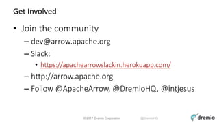 © 2017 Dremio Corporation @DremioHQ
Get Involved
• Join the community
– dev@arrow.apache.org
– Slack:
• https://apachearro...