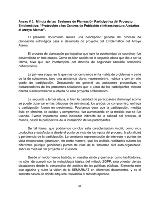 Anexo # 3. Minuta de las Sesiones de Planeación Participativa del Proyecto
Emblemático: “Protección a los Centros de Población e Infraestructura Aledaños
al arroyo Alamar”.

      El presente documento realiza una descripción general del proceso de
planeación estratégica para el desarrollo de proyecto del Emblemático del Arroyo
Alamar.

       El proceso de planeación participativa que tuve la oportunidad de coordinar fue
desarrollado en tres etapas. Como es bien sabido en la segunda etapa que iba a ser la
última, tuvo que ser interrumpida por motivos de seguridad sanitaria conocidos
públicamente.

       La primera etapa, en la que nos concentramos en la matriz de problemas y parte
de la de soluciones, tuvo una asistencia plural, representativa, nutrida y con un alto
grado de participación. Destacando en general las posiciones propositivas y
esclarecedoras de los problemas-soluciones que a juicio de los participantes afectan
directa o indirectamente al objeto de este proyecto emblemático.

       La segunda y tercer etapa, si bien la cantidad de participantes disminuyó (como
se puede observar en las bitácoras de asistencia), los grados de compromiso, entrega
y participación fueron en crecimiento. Podríamos decir que la participación, medida
ésta en términos de calidad y compromiso, fue aumentando en la medida que se fue
usando. Evento importante como indicador indirecto de la calidad del proceso, al
menos, desde la perspectiva de la interacción de los participantes.

       De tal forma, que podríamos concluir esta caracterización inicial, como muy
productiva y satisfactoria desde el punto de vista de los inputs del proceso: la pluralidad
y pertinencia de la participación. La constante representación de intereses y puntos de
vista encontrados garantizan, en cierta manera, que los análisis realizados cubren los
diferentes (aunque genéricos) puntos de vista de la ‘sociedad civil auto-organizada’
sobre lo medular del proyecto en cuestión.

       Desde un inicio hemos tratado, en nuestra visión y quehacer como facilitadores,
no sólo de cumplir con la metodología básica del método ZOPP, sino orientar ciertas
discusiones desde la perspectiva del análisis de las políticas públicas. Elemento éste
que aglutina y nutre la visión de la SEMARNAT en diferentes documentos, y es el
sustrato básico en donde adquiere relevancia el método aplicado.


                                            42
 