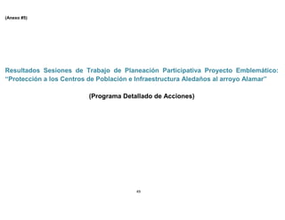 (Anexo #5)




Resultados Sesiones de Trabajo de Planeación Participativa Proyecto Emblemático:
“Protección a los Centros de Población e Infraestructura Aledaños al arroyo Alamar”

                         (Programa Detallado de Acciones)




                                       49
 