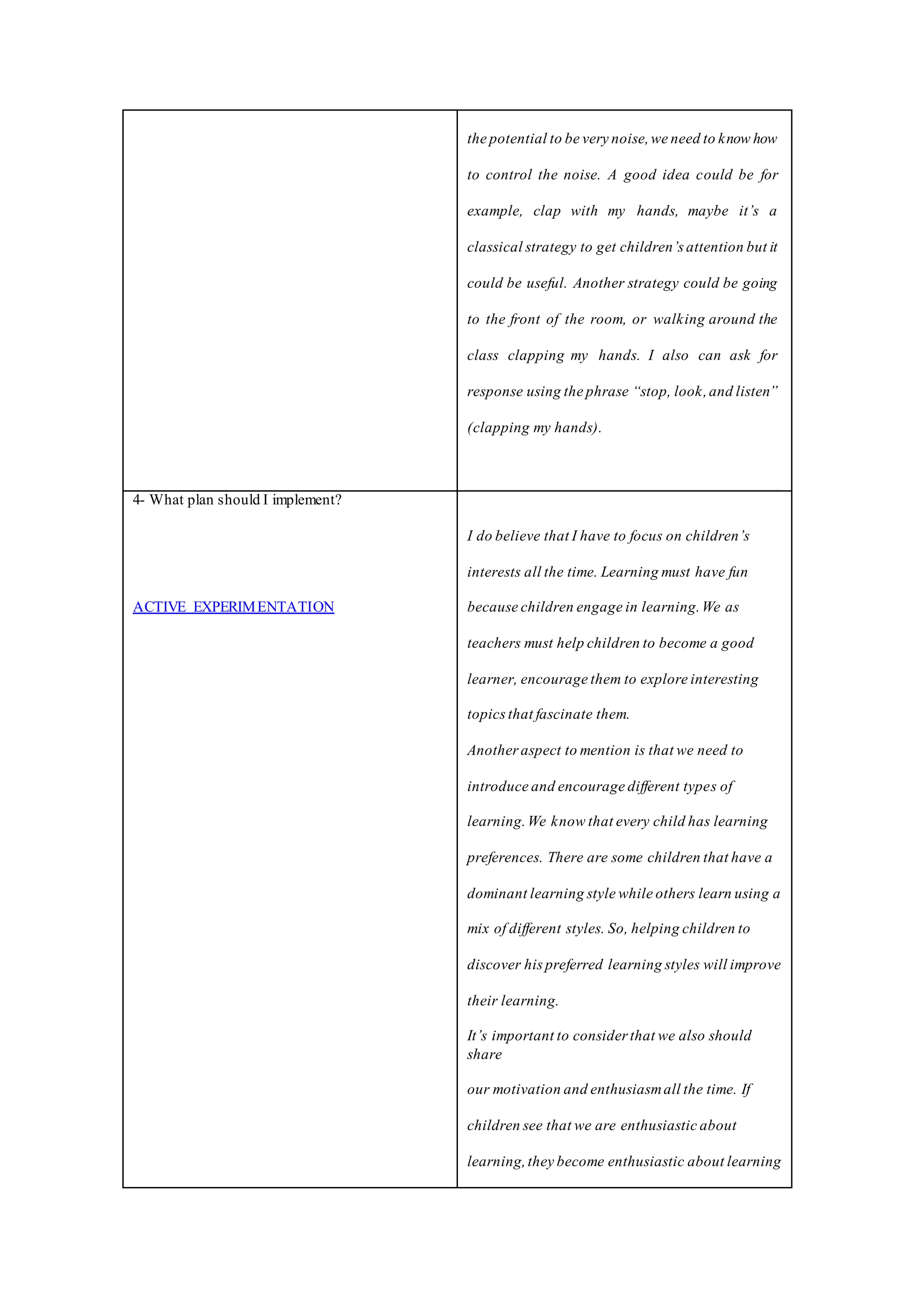 the potential to be very noise,we need to know how
to control the noise. A good idea could be for
example, clap with my hands, maybe it’s a
classical strategy to get children’s attention but it
could be useful. Another strategy could be going
to the front of the room, or walking around the
class clapping my hands. I also can ask for
response using the phrase “stop, look,and listen”
(clapping my hands).
4- What plan should I implement?
ACTIVE EXPERIMENTATION
I do believe that I have to focus on children’s
interests all the time. Learning must have fun
because children engage in learning.We as
teachers must help children to become a good
learner, encourage them to explore interesting
topics that fascinate them.
Another aspect to mention is that we need to
introduce and encourage different types of
learning.We know that every child has learning
preferences. There are some children that have a
dominant learning style while others learn using a
mix of different styles. So, helping children to
discover his preferred learning styles will improve
their learning.
It’s important to consider that we also should
share
our motivation and enthusiasmall the time. If
children see that we are enthusiastic about
learning,they become enthusiastic about learning
 