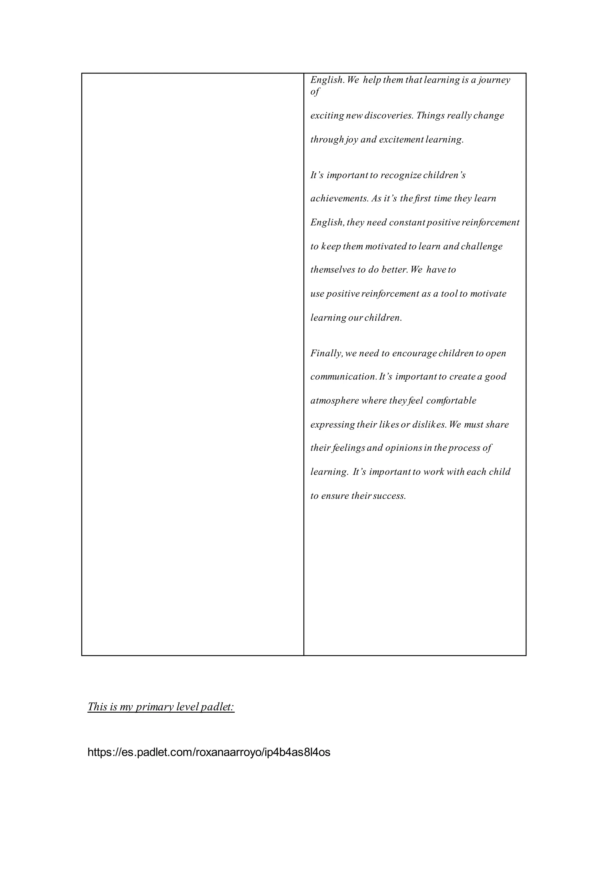 English.We help them that learning is a journey
of
exciting new discoveries. Things really change
through joy and excitement learning.
It’s important to recognize children’s
achievements. As it’s the first time they learn
English,they need constant positive reinforcement
to keep them motivated to learn and challenge
themselves to do better.We have to
use positive reinforcement as a tool to motivate
learning our children.
Finally,we need to encourage children to open
communication.It’s important to create a good
atmosphere where they feel comfortable
expressing their likes or dislikes.We must share
their feelings and opinions in the process of
learning. It’s important to work with each child
to ensure their success.
This is my primary level padlet:
https://es.padlet.com/roxanaarroyo/ip4b4as8l4os
 