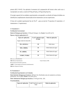 potasio (KCl. 0-0-62) fue aplicado al momento de la preparación del terreno sobre suelo seco e
incorporado con rastra; a razón de 50 Kg de P2O5 y 65 Kg de K2O por ha.
El arreglo espacial de las unidades experimentales correspondió a un diseño de franjas divididas con
distribución completamente aleatorizada de dos tratamientos con tres repeticiones.
El área de la unidad experimental fue de 20 m2 , para un total de 72 parcelas (12 materiales x 2
tratamientos x 3 repeticiones).
I. Tratamiento 1:
Fertilización Convencional .
Dosis de Nitrógeno por hectárea: 150 Kg de Nitrógeno / ha. Fuente: Urea (46% de N)
Épocas y dosis de aplicación de N:
Época de Aplicación.
Según estado de desarrollo
% de N aplicado según
la etapa
Modo de aplicación
IM. ( 40 D.D.S.) 20 Sobre barro
MM. ( 50DDS) 30 Sobre lámina de agua
IP. ( 60DDS) 20 Sobre lámina de agua
15 DDP ( 75 DDS) 30 Sobre lámina de agua
IM: Inicio de Macollamiento.
MM: Máximo Macollamiento. Fuente Fedearroz 2000.
IP: Iniciación de Primordio de panícula.
15DDP: 15 Días Después de Primordio (Embuchamiento).
DDS:Días Después de Siembra.
II. Tratamiento 2 :
Fertilización Experimental a ser Evaluada.
Dosis Inicial de Nitrógeno por hectárea: 200 Kg N /ha. Distribuídos antes de inundación con lámina
permanente. (30-35 DDS). Fuente: Urea (46% de N).
Dosis Adicional de Nitrógeno por hectárea: 25-50 Kg de N/ha. (IP).
Fraccionamiento.
Epoca de Aplicación. % de N aplicado según la
etapa
Modo de aplicación
 