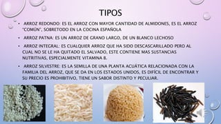 TIPOS
• ARROZ REDONDO: ES EL ARROZ CON MAYOR CANTIDAD DE ALMIDONES, ES EL ARROZ
“COMÚN”, SOBRETODO EN LA COCINA ESPAÑOLA
• ARROZ PATNA: ES UN ARROZ DE GRANO LARGO, DE UN BLANCO LECHOSO
• ARROZ INTEGRAL: ES CUALQUIER ARROZ QUE HA SIDO DESCASCARILLADO PERO AL
CUAL NO SE LE HA QUITADO EL SALVADO, ESTE CONTIENE MAS SUSTANCIAS
NUTRITIVAS, ESPECIALMENTE VITAMINA B.
• ARROZ SILVESTRE: ES LA SEMILLA DE UNA PLANTA ACUÁTICA RELACIONADA CON LA
FAMILIA DEL ARROZ, QUE SE DA EN LOS ESTADOS UNIDOS, ES DIFÍCIL DE ENCONTRAR Y
SU PRECIO ES PROHIBITIVO, TIENE UN SABOR DISTINTO Y PECULIAR.
 