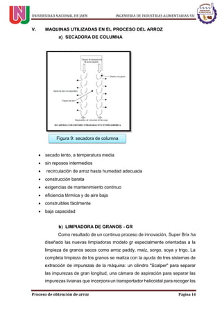 UNIVERSIDAD NACIONAL DE JAEN INGENIERIA DE INDUSTRIAS ALIMENTARIAS-VII
Proceso de obtención de arroz Página 14
V. MAQUINAS UTILIZADAS EN EL PROCESO DEL ARROZ
a) SECADORA DE COLUMNA
 secado lento, a temperatura media
 sin reposos intermedios
 recirculación de arroz hasta humedad adecuada
 construcción barata
 exigencias de mantenimiento continuo
 eficiencia térmica y de aire baja
 construibles fácilmente
 baja capacidad
b) LIMPIADORA DE GRANOS - GR
Como resultado de un continuo proceso de innovación, Super Brix ha
diseñado las nuevas limpiadoras modelo gr especialmente orientadas a la
limpieza de granos secos como arroz paddy, maíz, sorgo, soya y trigo. La
completa limpieza de los granos se realiza con la ayuda de tres sistemas de
extracción de impurezas de la máquina: un cilindro "Scalper" para separar
las impurezas de gran longitud, una cámara de aspiración para separar las
impurezas livianas que incorpora un transportador helicoidal para recoger los
Figura 9: secadora de columna
 