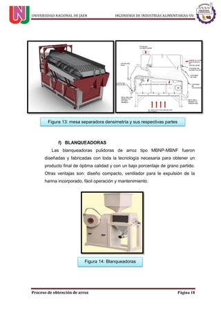 UNIVERSIDAD NACIONAL DE JAEN INGENIERIA DE INDUSTRIAS ALIMENTARIAS-VII
Proceso de obtención de arroz Página 18
Figura 13: mesa separadora densimetría y sus respectivas partes
Figura 14: Blanqueadoras
 