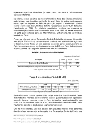 exportação de produtos alimentares (incluindo o arroz) para fornecer certos mercados 
regionais deficitários. 
No entanto, no que se refere ao desenvolvimento da fileira das culturas alimentares, 
onde também está inserido a produção de arroz, base de análise deste pequeno 
ensaio, que se enquadra na fileira de produção vegetal, o investimento previsto 
estima-se em cerca de 24,1 Bilhões de Fcfa, representando assim 15,8% do total do 
investimento do PNIA. Os objetivos quantitativos previstos no programa de 
investimento produtivo da cultura alimentar “arroz” é de cerca de 300 Mil Toneladas 
em 2015 que beneficiará cerca de 112 Mil famílias. Efetivamente, não se duvida da 
bondade do Plano. 
Porém, se olharmos para o Orçamento Geral do Estado Guineense nos últimos três 
anos (2009, 2010 e 2011), os investimentos previstos para o Ministério de Agricultura 
e Desenvolvimento Rural, um dos sectores essenciais para o desenvolvimento do 
País, tem um peso pouco significativo em termos do PIB e do Plano de Investimento 
Público. A tabela 3 e 4 seguintes demonstram bem essa tendência: 
Tabela 3. Orçamento Geral do Estado 
(Valores em Bilhões Fcfa) 
Descrição 20095 20106 20117 
Orçamento Geral do Estado 143,5 121,1 101,9 
Ministério da agricultura (Programa de Investimento Público) 6,8 6,7 4,4 
Fontes: Orçamento Gerais do Estado 2009, 2010 e 2011 
Tabela 4. Investimento em % do OGE e PIB 
(Em % OGE e PIB) 
Ministério da Agricultura 
2009 2010 2011 
OGE PIB OGE PIB OGE PIB 
Investimento previsto 4,7% 0,24% 5,6% 0,63% 12,5% 0,24% 
Fontes: Orçamento Gerais do Estado 2009, 2010 e 2011 
Pese embora não constar, de uma forma clara e específica, nos Orçamentos Gerais 
do Estado atrás referidos, os investimentos públicos que consubstanciam a política de 
produção do arroz, conforme consta do Plano Nacional de Investimento Agrário, tudo 
indica que os montantes previstos, e no caso de estarem a ser executados, serão 
insuficientes perante os objetivos que se pretendem alcançar. 
Ora, no meu entender, julgo que deverão ser aprovadas medidas mais concretas, 
durante a fase que precede a elaboração dos Orçamentos Gerais do Estado, que 
5 http://www.minf in-gov .bissau.net/orcamento/oge2009.pdf 
6 http://minf in-gov.bissau.net/orcamento/OGE2010.pdf 
7 http://minf in-gov.bissau.net/documentos/OGE-2011_ROMAO_VERSAO_ANP-03-12-2010.pdf 
 