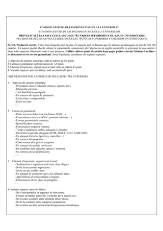 COMISSIÓ GESTORA DE LES PROVES D’ACCÉS A LA U IVERSITAT
                              COMISIÓN GESTORA DE LAS PRUEBAS DE ACCESO A LA UNIVERSIDAD
         PROVES D’ACCÉS A FACULTATS, ESCOLES TÈC IQUES SUPERIORS I COL·LEGIS U IVERSITARIS
        PRUEBAS DE ACCESO A FACULTADES, ESCUELAS TÉCNICAS SUPERIORES Y COLEGIOS UNIVERSITARIOS

Part B. Producció escrita. Valor total d'aquesta part 4 punts. En aquesta part es demana que els alumnes produesquen un text de 130-150
paraules En aquest apartat s'ha de valorar la capacitat de comunicació de l'alumne en un anglès acceptable en expressar la seua opinió i
idees sobre aspectes relacionats amb el text proposat. Caldrà valorar quant de positiu haja pogut portar a terme l'alumne i no fixar-
se únicament en els errors gramaticals. Seria fonamental considerar els següents aspectes:

1. Aspectes de caràcter estratègic: amb un màxim de 0,5 punts.
2. Correcció gramatical: amb un màxim de 1,5 punts.
3. Claredat d'expressió i organització textual: amb un màxim d'1 punt.
4. Varietat, riquesa i precisió lèxica: amb un màxim d'1 punt.

ORIENTACIONS PER A CORRECCIÓ DELS ASPECTES ANTERIORS

1.   Aspectes de caràcter estratègic:
       - Presentació clara i ordenada (marges, sagnats, etc.).
       - Ortografia correcta.
       - Text distribuït en paràgrafs.
       - Ús correcte de signes de puntuació.
       - Lletra clara i comprensible.
       - Escrit en tinta.
       -…

2.   Correcció gramatical:
      - Ordre correcte dels elements fràstics (SVO…).
      - Concordances correctes (S-V, pronoms referents…).
      - Formes pronominals correctes.
      - Quantificadors correctes.
      - Estructuració negativa correcta.
      - Temps i seqüències verbals adequats i correctes.
      - Partícules temporals adequades (FOR, SINCE, AGO, ALREADY).
      - Ús adequat d'articles (genèrics, específics…).
      - Ús correcte del possessiu.
      - Coneixement dels plurals irregulars.
      - Ús correcte de modals i defectius.
      - Invariabilitat dels adjectius (gènere i nombre).
      - Ús correcte de les preposicions.
      -…

3.   Claredat d'expressió i organització textual:
       - Seqüenciació i organització del text clara i lògica.
       - No hi ha excessives repeticions.
       - No és un text confús i fosc.
       - Ús adequat de connectors per a les diferents idees.
       - Aproximació al tema coherent i original.
       - Estructuració de les idees en paràgrafs.
       -…

4. Varietat, riquesa i precisió lèxica:
       - No s'usen paraules en espanyol ni inexistents.
       - Elecció de termes específics i concrets per a aqueix text.
       - No existeix confusió entre elements lèxics bàsics.
       - No hi ha confusió entre categories gramaticals.
       - No existeix un abús desmesurat d'expressions idiomàtiques.
 