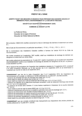 Préfet de l'Orne : Arrêté 25 sept 2015 mesures d'urgence GDE
