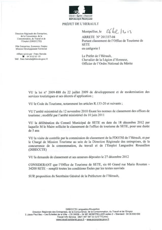 Arrêté de classement Office de Tourisme de Sète cat 1 le 26fev2013