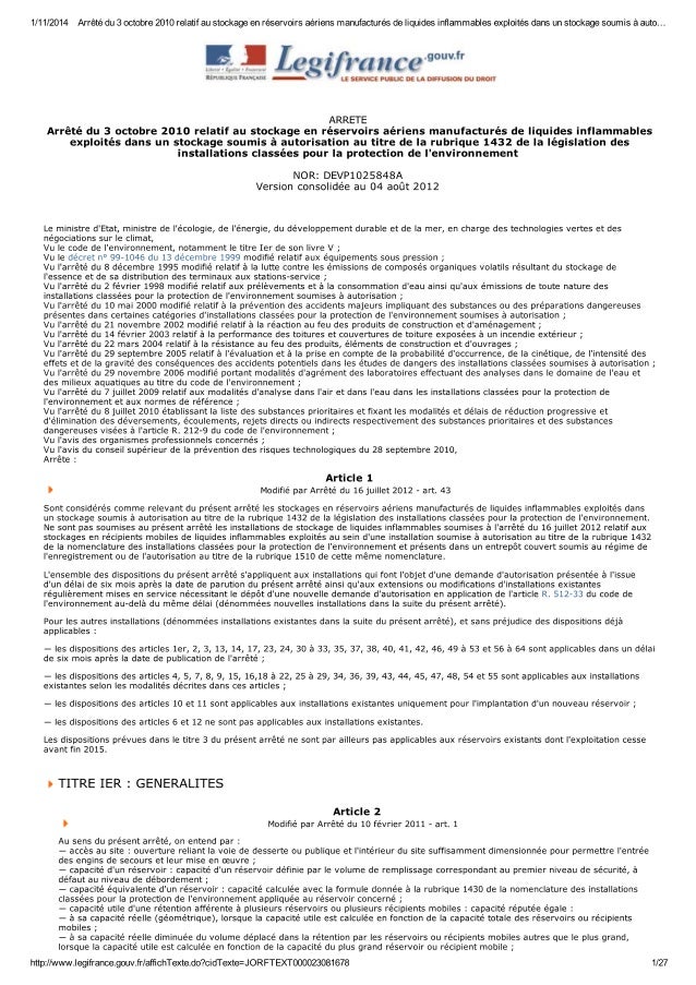Arrêté du 3 octobre 2010.. Arrêté du 3 octobre 2010..