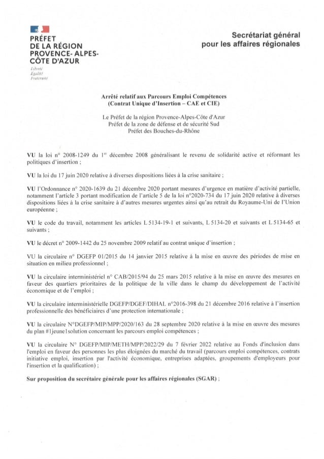 Arrêté du Préfet de Région CUI CAE - CIE - PEC 03/03/2022