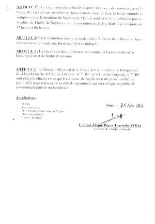 Arrété portant restriction de la circulation dans les départements de titabé, de seytenga, de falangoutou et de tin akoff
