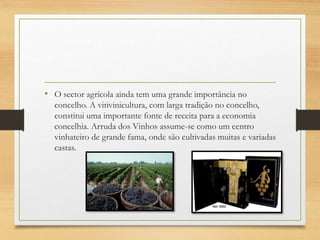 • O sector agrícola ainda tem uma grande importância no
concelho. A vitivinicultura, com larga tradição no concelho,
constitui uma importante fonte de receita para a economia
concelhia. Arruda dos Vinhos assume-se como um centro
vinhateiro de grande fama, onde são cultivadas muitas e variadas
castas.
 