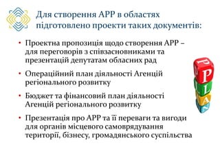 Для створення АРР в областях
підготовлено проекти таких документів:
• Проектна пропозиція щодо створення АРР –
для переговорів з співзасновниками та
презентацій депутатам обласних рад
• Операційний план діяльності Агенцій
регіонального розвитку
• Бюджет та фінансовий план діяльності
Агенцій регіонального розвитку
• Презентація про АРР та її переваги та вигоди
для органів місцевого самоврядування
території, бізнесу, громадянського суспільства
 
