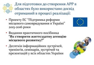 Для підготовки до створення АРР в
областях було використано досвід
отриманий в процесі реалізації:
• Проекту ЕС “Підтримка реформи
місцевого самоврядування в Україні”
2015-2016 роки
• Видання практичного посібника
“Як створити життєздатну агенцію
місцевого розвитку?”
• Десятків інформаційних зустрічей,
тренінгів, семінарів, зустрічей та
презентацій у всіх областях України
 