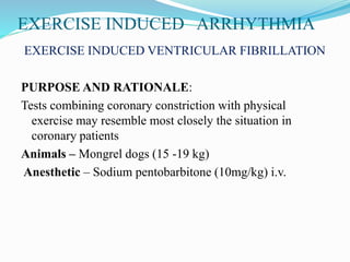 EXERCISE INDUCED ARRHYTHMIA
EXERCISE INDUCED VENTRICULAR FIBRILLATION
PURPOSE AND RATIONALE:
Tests combining coronary constriction with physical
exercise may resemble most closely the situation in
coronary patients
Animals – Mongrel dogs (15 -19 kg)
Anesthetic – Sodium pentobarbitone (10mg/kg) i.v.
 