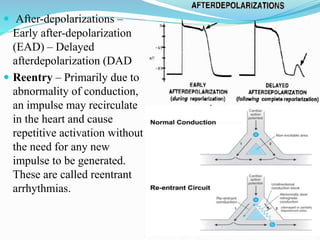  After-depolarizations –
Early after-depolarization
(EAD) – Delayed
afterdepolarization (DAD
 Reentry – Primarily due to
abnormality of conduction,
an impulse may recirculate
in the heart and cause
repetitive activation without
the need for any new
impulse to be generated.
These are called reentrant
arrhythmias.
 