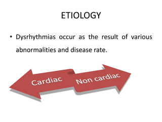 ETIOLOGY
• Dysrhythmias occur as the result of various
abnormalities and disease rate.
 