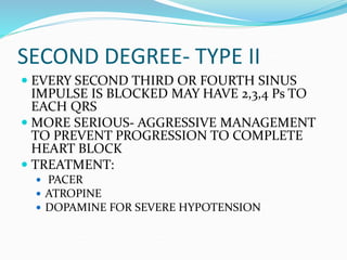 SECOND DEGREE- TYPE II
 EVERY SECOND THIRD OR FOURTH SINUS
IMPULSE IS BLOCKED MAY HAVE 2,3,4 Ps TO
EACH QRS
 MORE SERIOUS- AGGRESSIVE MANAGEMENT
TO PREVENT PROGRESSION TO COMPLETE
HEART BLOCK
 TREATMENT:
 PACER
 ATROPINE
 DOPAMINE FOR SEVERE HYPOTENSION
 