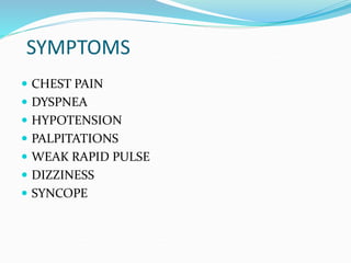 SYMPTOMS
 CHEST PAIN
 DYSPNEA
 HYPOTENSION
 PALPITATIONS
 WEAK RAPID PULSE
 DIZZINESS
 SYNCOPE
 