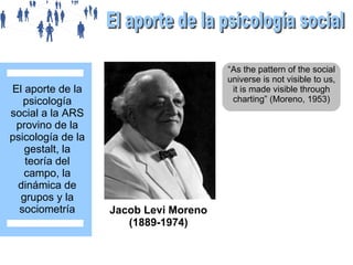 El aporte de la
psicología
social a la ARS
provino de la
psicología de la
gestalt, la
teoría del
campo, la
dinámica de
grupos y la
sociometría

“As the pattern of the social
universe is not visible to us,
it is made visible through
charting” (Moreno, 1953)

Jacob Levi Moreno
(1889-1974)

 